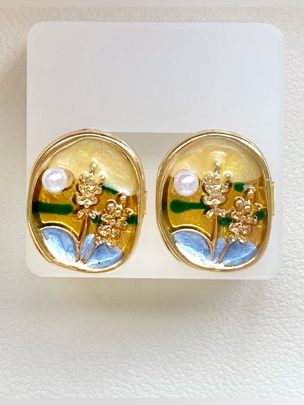 Gold Floral Enamel Earrings with Pearl Accent